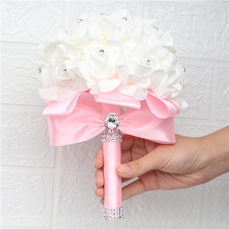 

Wedding Flowers Est Handmade PE Foam Rose Bridesmaid Bouquet Bridal Ribbon Fake Pink Bouquets De Noiva W2023D