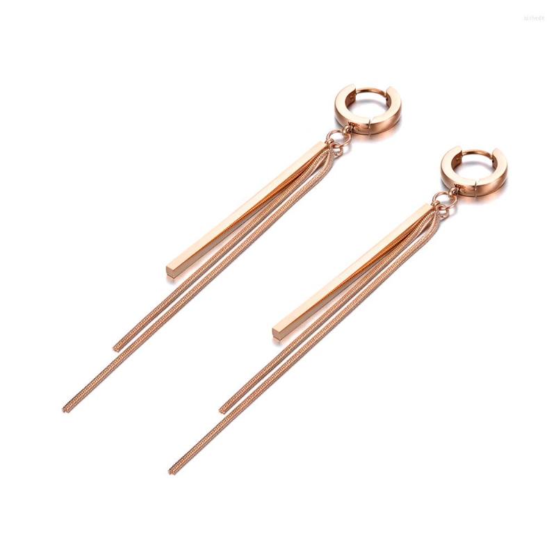 

Hoop Earrings Simple Rose Gold Long Strip & Chain Tassel For Women Girls Titanium Steel Bohemia Party E19228