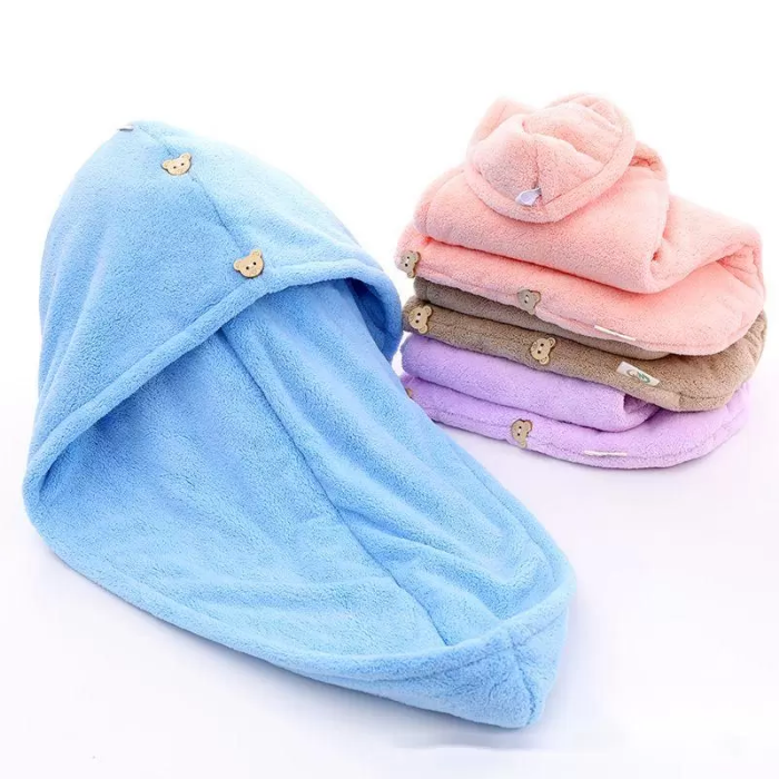 Microfiber bath tools solid color hair drying cap women absorbent quick-drying long hood coral fleece towel ST039
