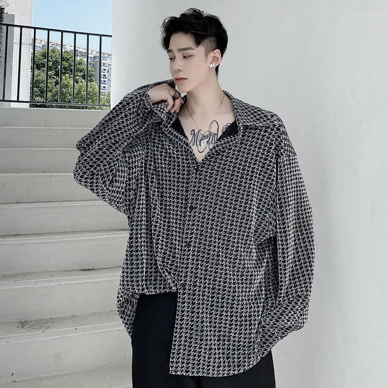 

Men's Casual Shirts Autumn Plaid Bright Silk Shirt Fashion Nightclub Style Stage Dress Long Sleeve Male Harajuku Vintage Tops, H28