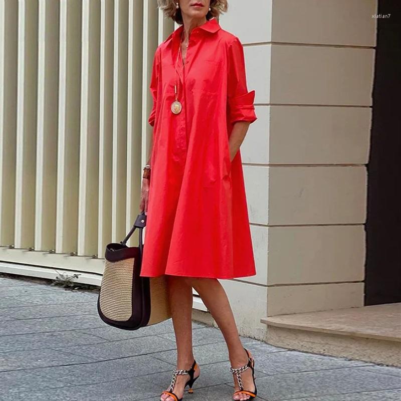 

Skirts Elegant Solid Shirt Dress Women 2023 Turn Down Collar Long Sleeve Midi Dresses Spring Ladies Commute Casual Loose Pocket Blouses, Red