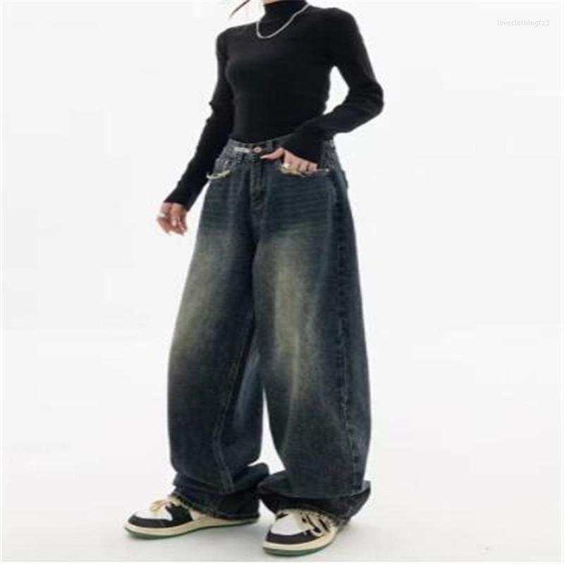 

Women' Jeans High Waist Women' Harajuku Vintage BF Style Streetwear All-match Loose Fashion Femme Wide Leg Denim Trousers, Blue-gray