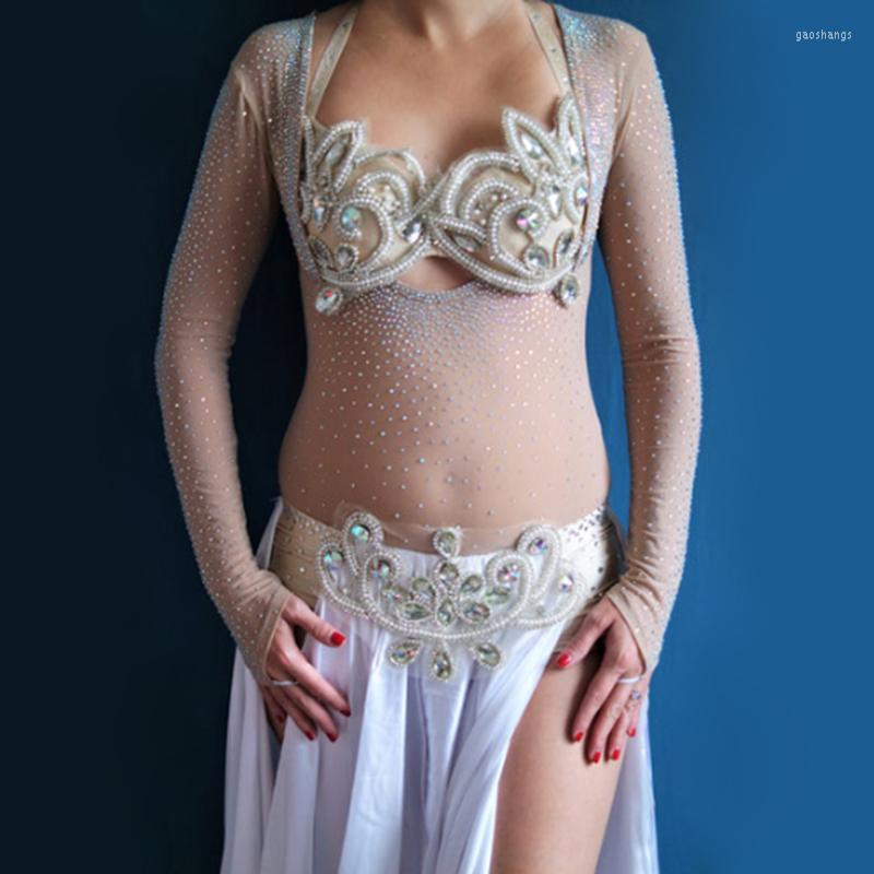 

Stage Wear Plus Size One Piece Leotard Women Dance Accessories Long Sleeves Tops Bottoming Shirt Belly Bodysuit Drilling, Dots design 2