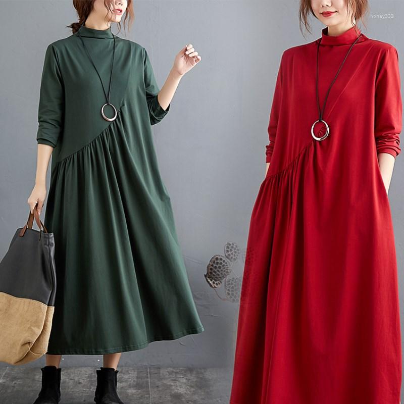 

Casual Dresses Elegant Women Dress Long Sleeve Turtleneck Pleated Lady Vestidos Autumn Winter Cotton Loose Female Clothing RH672, Photo color
