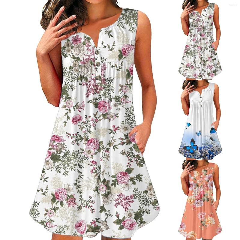 

Casual Dresses Comfy Dress For Women Womens Fashion Sleeveless Round Neck Button Short Print Pocket S Summer, Blue