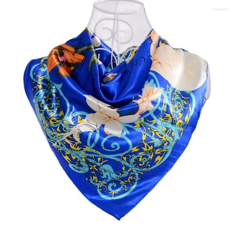 

Scarves BYSIFA Spring Autumn Dark Blue Satin Ladies 90 90cm Women All Match Flowers Silk Scarf Shawl Muslim Headscarves