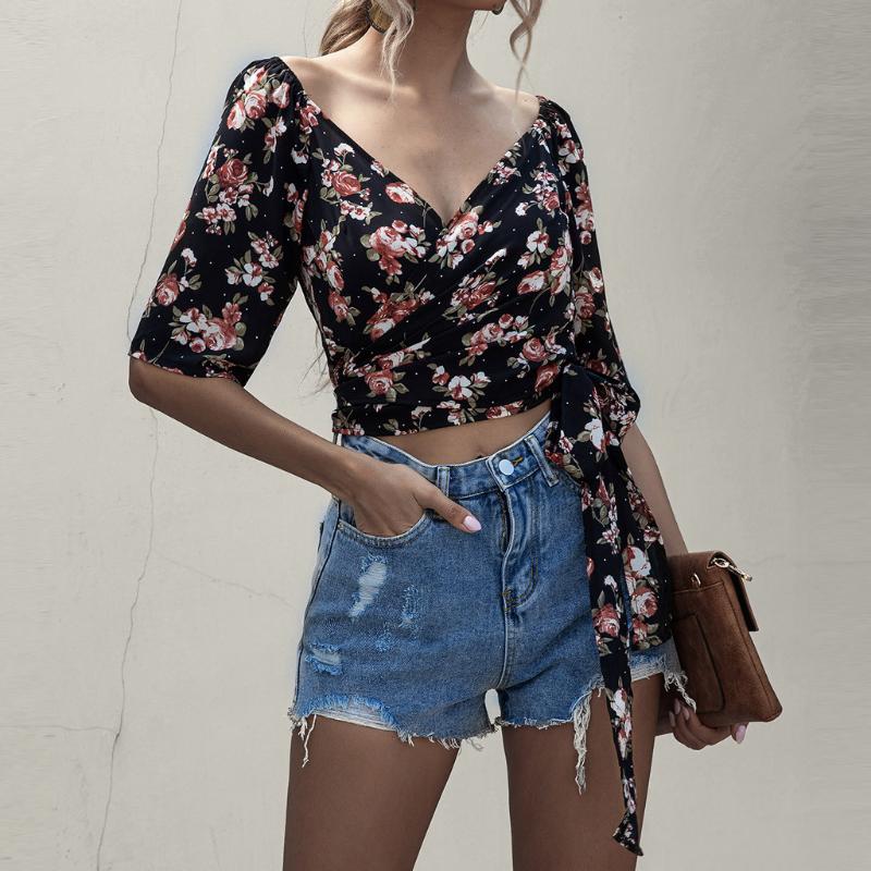

Women' Blouses & Shirts High Street Women Black Crop Tops Floral Print Blouse Sexy Deep V Neck Half Sleeve Elegant Lady Waist Lace-up
