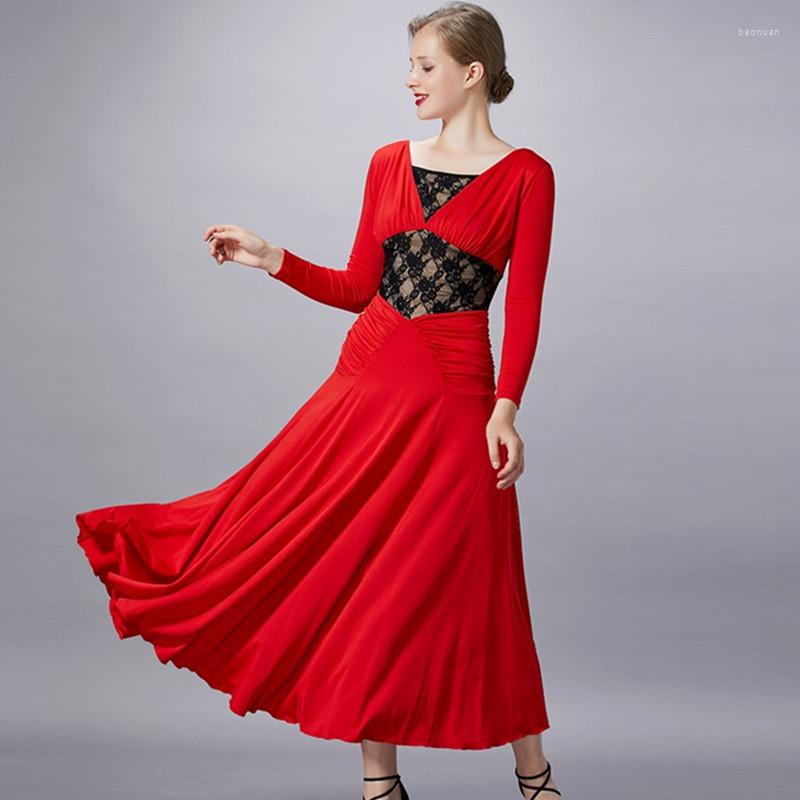 

Stage Wear Waltz Dress Standard Ballroom For Dancing Clothes Spanish Long Modern Dance Costume Women Party Lace, Red