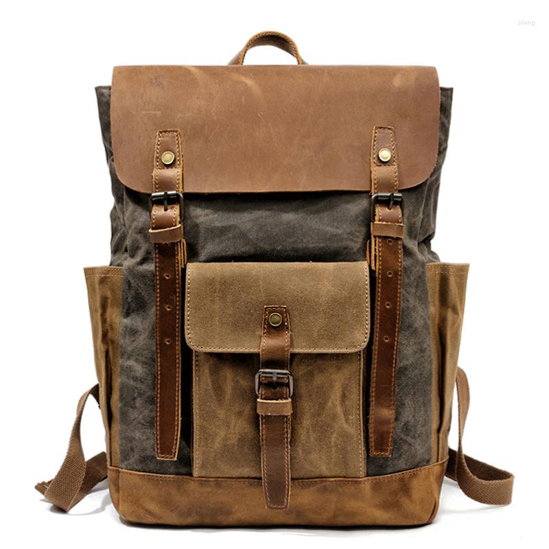 

Backpack MUCHUAN Oil Wax Canvas Cow Leather Backpacks Unisex Waterproof Rucksacks 15" Laptops Daypacks Large Capacity Vintage Mochilas, Army green