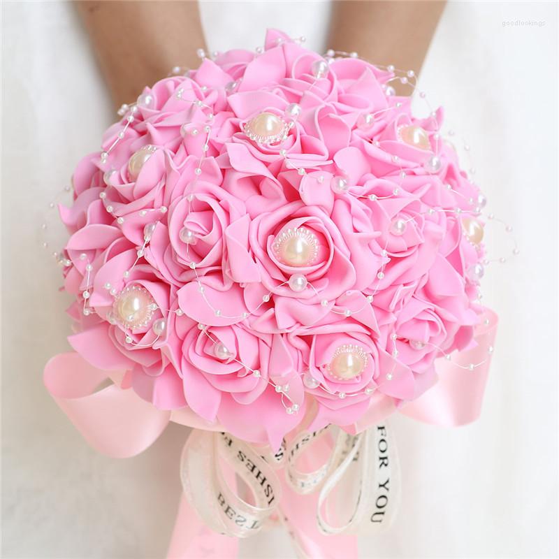 

Wedding Flowers Pink Flower PE Bouquet Bridesmaid Holding Bridal Silk Ribbon Bouquets Foam Rose With Pearl Party De Mariage W205