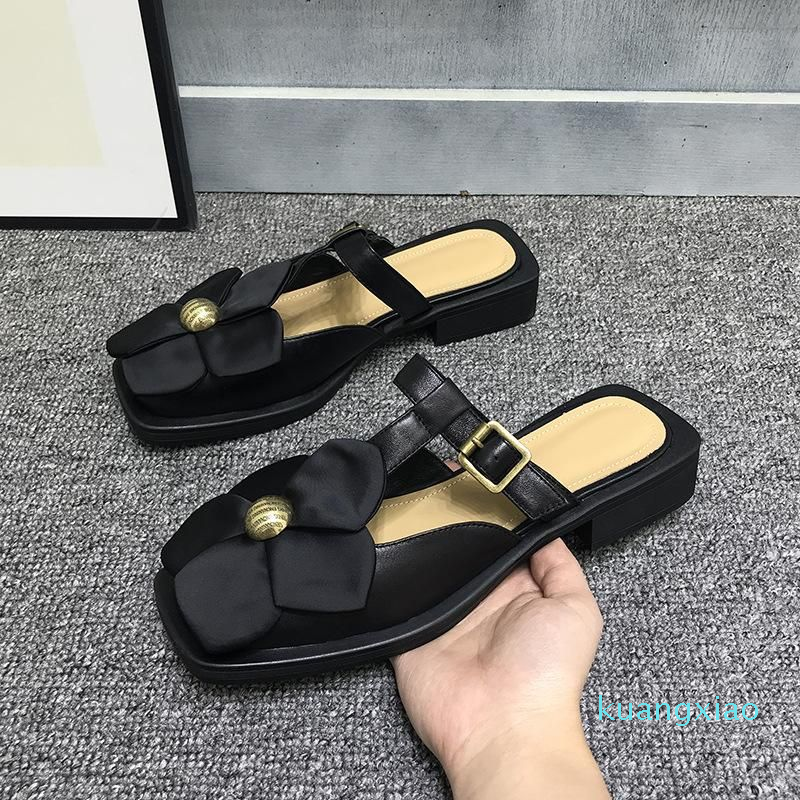 

Slippers Sandals Woman Summer 2023 Baotou Half Women's Metal Flower Flat Bottom Thick Heel, Beige