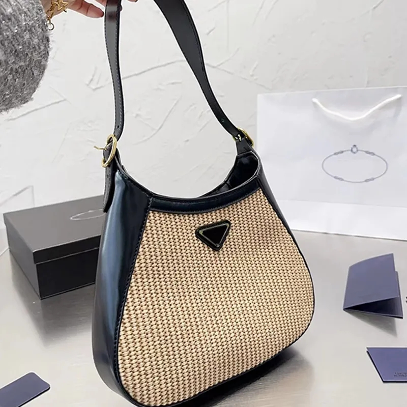 

Crossbody Bucket Bag Shoulder Tote Bag Women Straw Handbag Purse Plain Triangle Hardware Fashion Letters Adjustable Belt Strap Large Capacity Travel Handbags, Customize