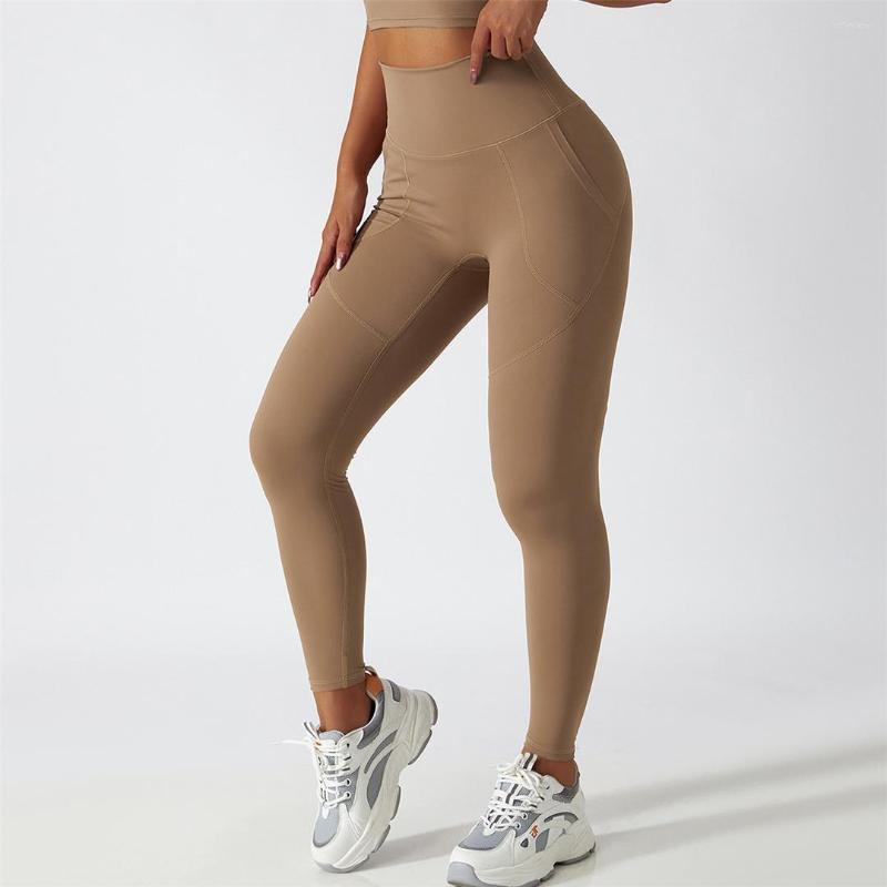 

Active Pants  - XL Sexy Yoga High Waist With Pockets Women Fitness Tight Leggings Seamless For Gym Sport Elastic A086P, Beige