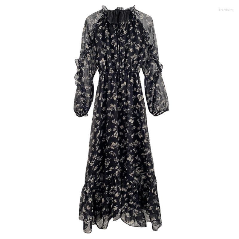 

Casual Dresses Chiffon Black Floral Dress Women Spring Summer Lady Fashion Style Over-the-knee Long Elastic Waist Thin A-line