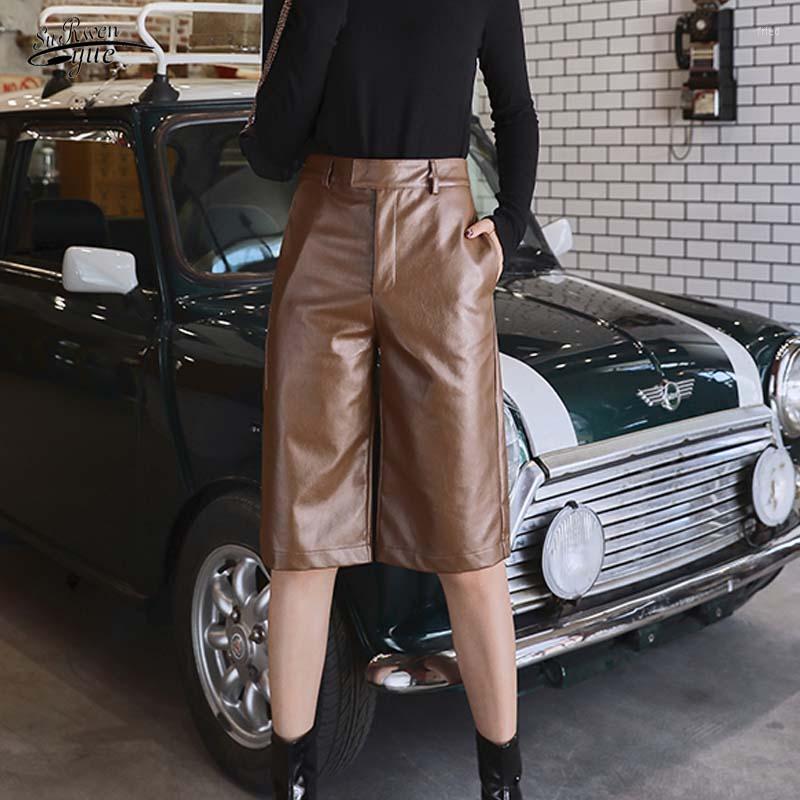 

Women's Shorts Autumn Women's Leather Short Casual Straight-leg Overalls High-waist Motorcycle Five-point Pants Elegant British, Black