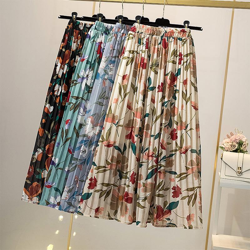 

Skirts High Waist Pleated A Line Midi Faldas Largas Mujer Retro Ladies Maxi Long Floral Street Aesthetic Cute Korean Style Skirt, Color 1