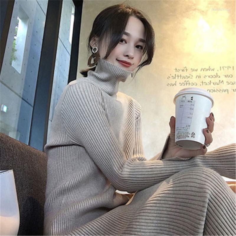 

Casual Dresses Autumn Winter Turtleneck Solid Slim Sweater Dress Long Sleeve Knitted Bottoming, Beige