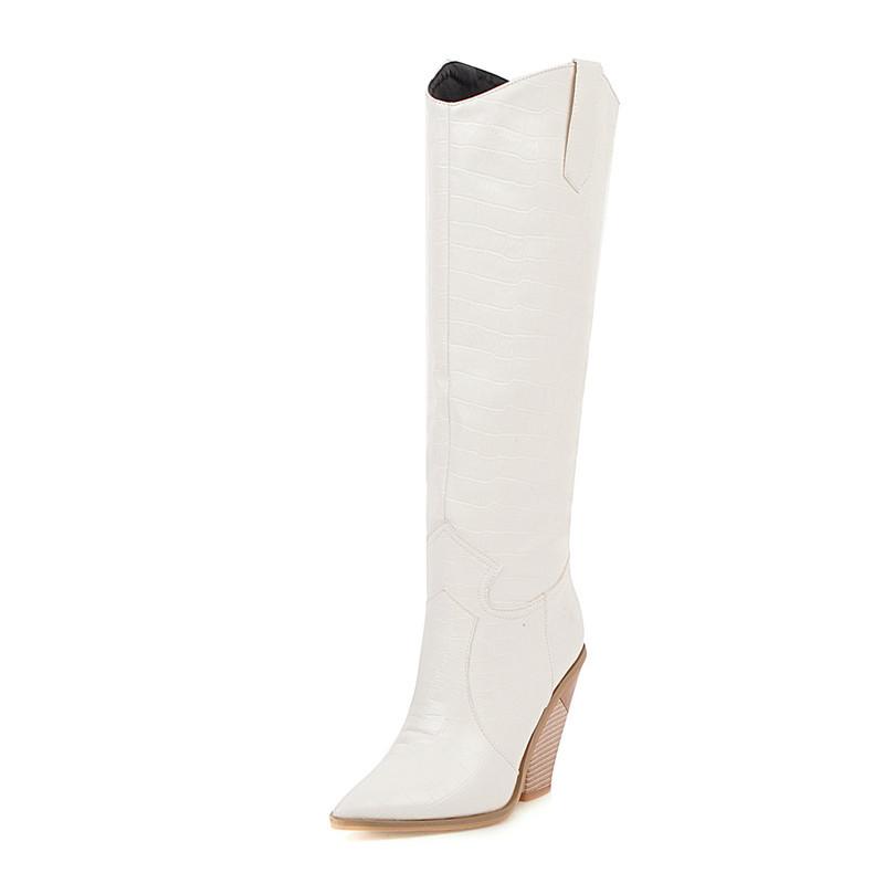 

Boots Knee-high Western Cowboy Women Embossed Microfiber Leather Pattern High Heels Cowgirl Booties Shoe Size 34-43, White