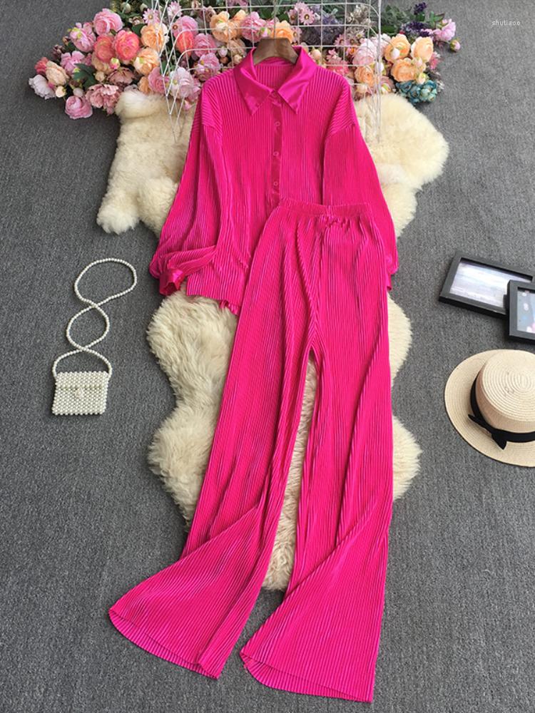 

Women's Two Piece Pants Spring Autumn Women Fashion Solid Color Set Lapel Single Breasted Shirt Elastic High Waist Wide Leg, Black