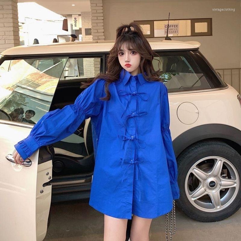 

Women's Blouses 2023 Spring Autumn Women Blouse Vintage Turn-down Collar Full Bow Chiffon Solid Puff Sleeve Long Loose Casual Shirts Mori, Blue