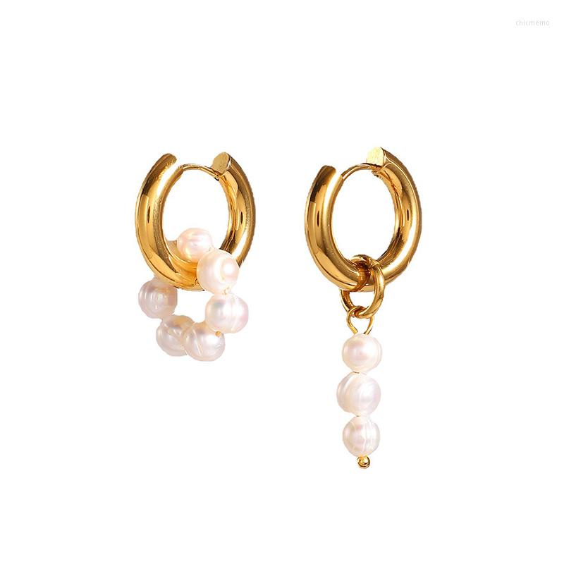 

Hoop Earrings 18K Gold Plated Stainless Steel Asymmetrical Natural Freshwater Pearl Pendant For Women Fashion Jewelry Party Gift