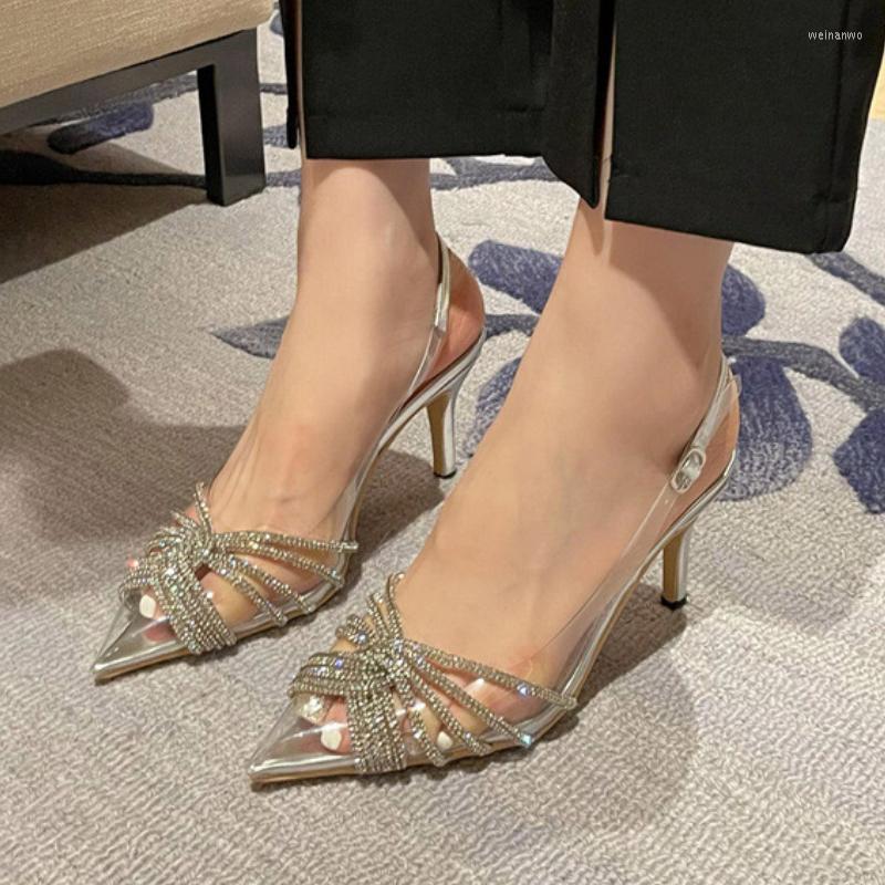 

Sandals 2023 Fashion Women Pointed Toe Crystal Transparent Female Pump Thin High Heel Slip-On Solid Sexy Ladies Summer Shoes, Silver 2