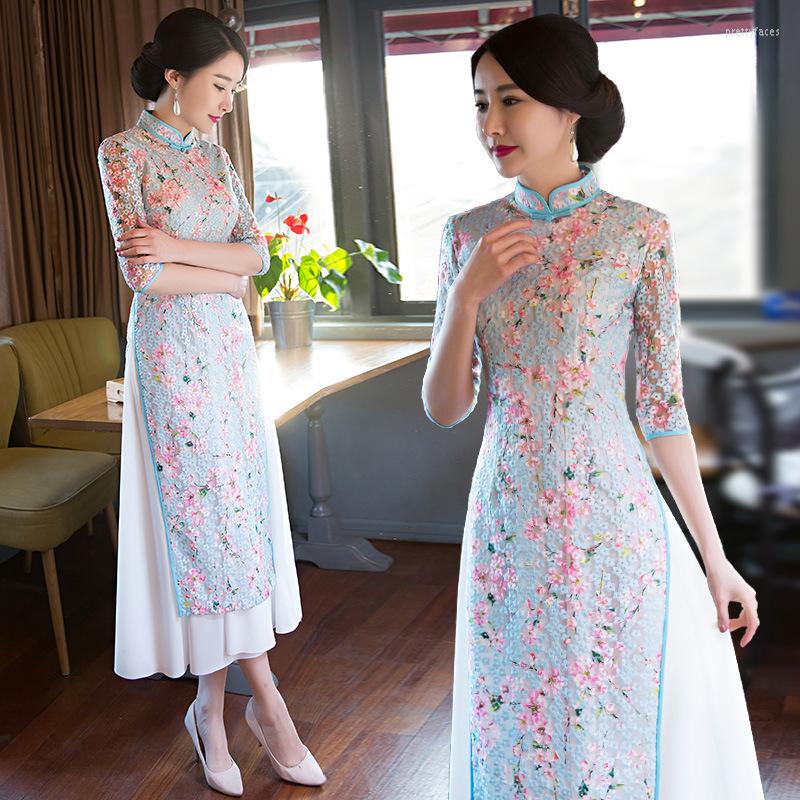

Ethnic Clothing 2023 Asian Traditional Floral Vietnam Style Long Dress Ao Dai