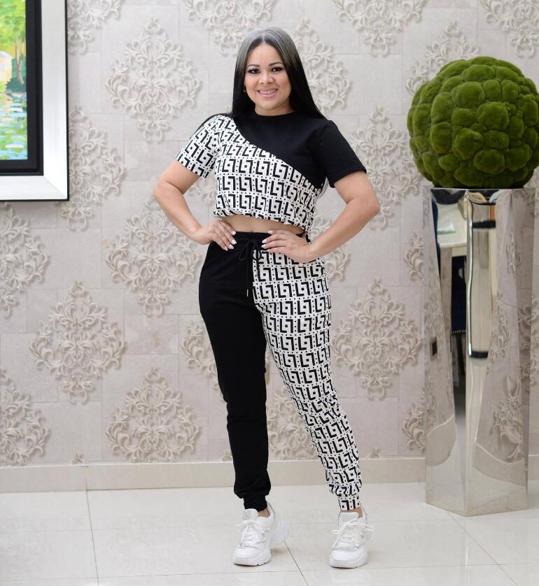 

Q6095 European American Women's Two Piece Pants summer fashion stitching print short sleeve trousers suit, Yellow