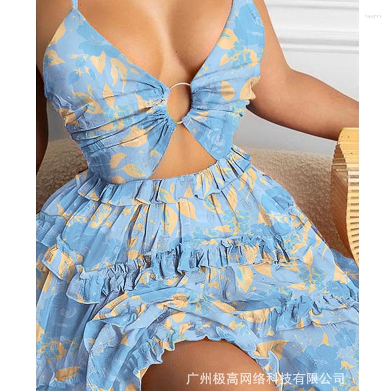 

Casual Dresses Wepbel Stringy Selvedge Dress V-neck Sexy Party Spaghetti-Strap Floral Print High Waist A-line Backless, Blue