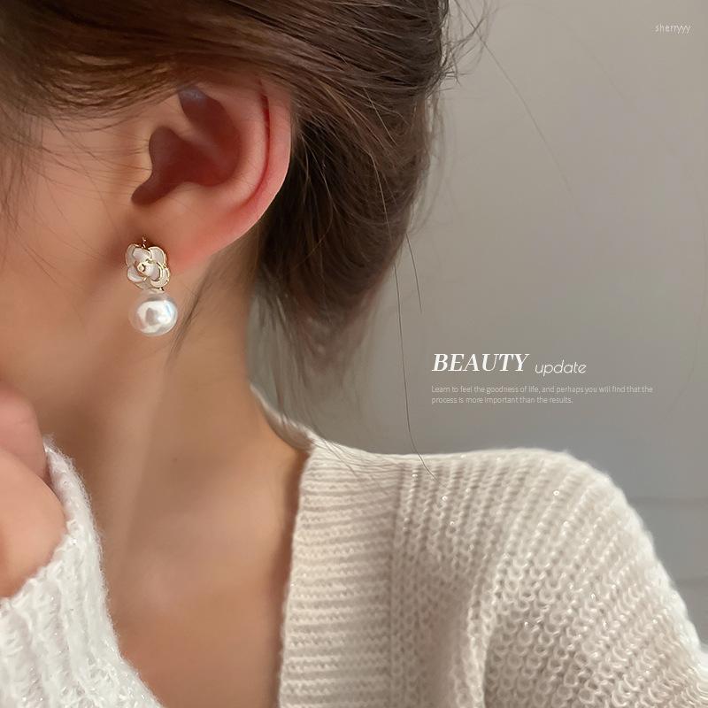 

Dangle Earrings 16mm Elegant White Camellia Flower Drop Pearl Women Fashion Jewelry Party