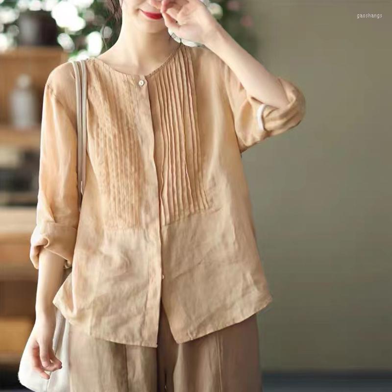 

Women's Blouses 2023 Arrival Autumn Women Arts Style Loose Long Sleeve O-neck Blouse Casual Single Breasted Cotton Linen Shirts V869, Green
