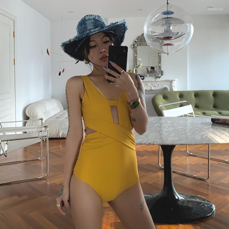 

Women's Swimwear Women's 2023 Ginger Yellow Hollowed Out One-piece Sexy Backles Bikini Solid Swimsuit Women