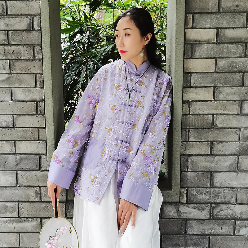 

Women's Jackets Stand Collar Single-Breasted Contrasting Colors Pocket Top Summer Retro Embroidery Loose Chinese Style Lady Jack, Black