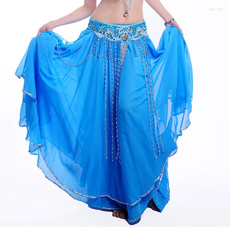 

Stage Wear More Colors Oriental Belly Dance Long Side Split Elastic Waist Silver Sequin Trimming Chiffon Skirts For Dancing, Blue