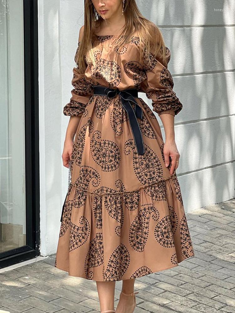 

Casual Dresses 2023 Sexy Off Shoulder Printed Fashion Party Dress Summer Lady Lace-Up Belt A-Line Women Elegant Retro Pattern Mujer, 03 purple