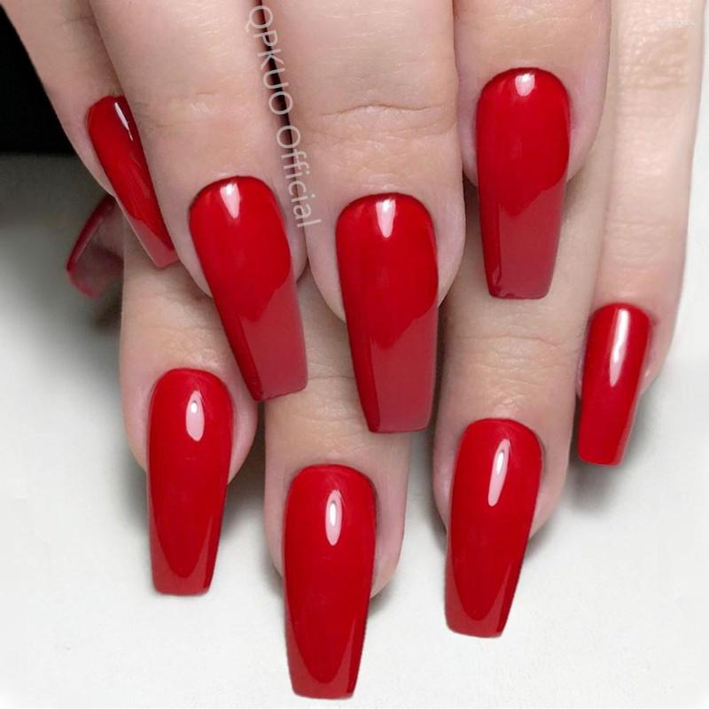 

False Nails 24Pcs Glossy Red Artificial Press On Long Ballerina Coffin Fake With Jelly Glue DIY Full Cover Manicure Tool, 1831p