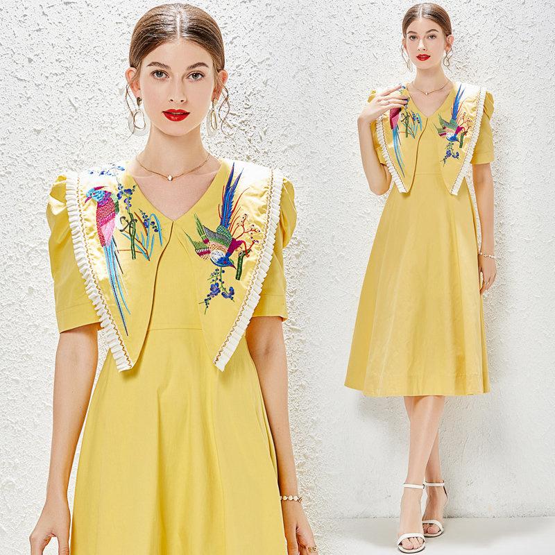 

Casual Dresses Class High Yellow Color French Puff Sleeve Sweet Summer Women Embriodery Vintage Bird Pattern Turn Down Collar Vestidos