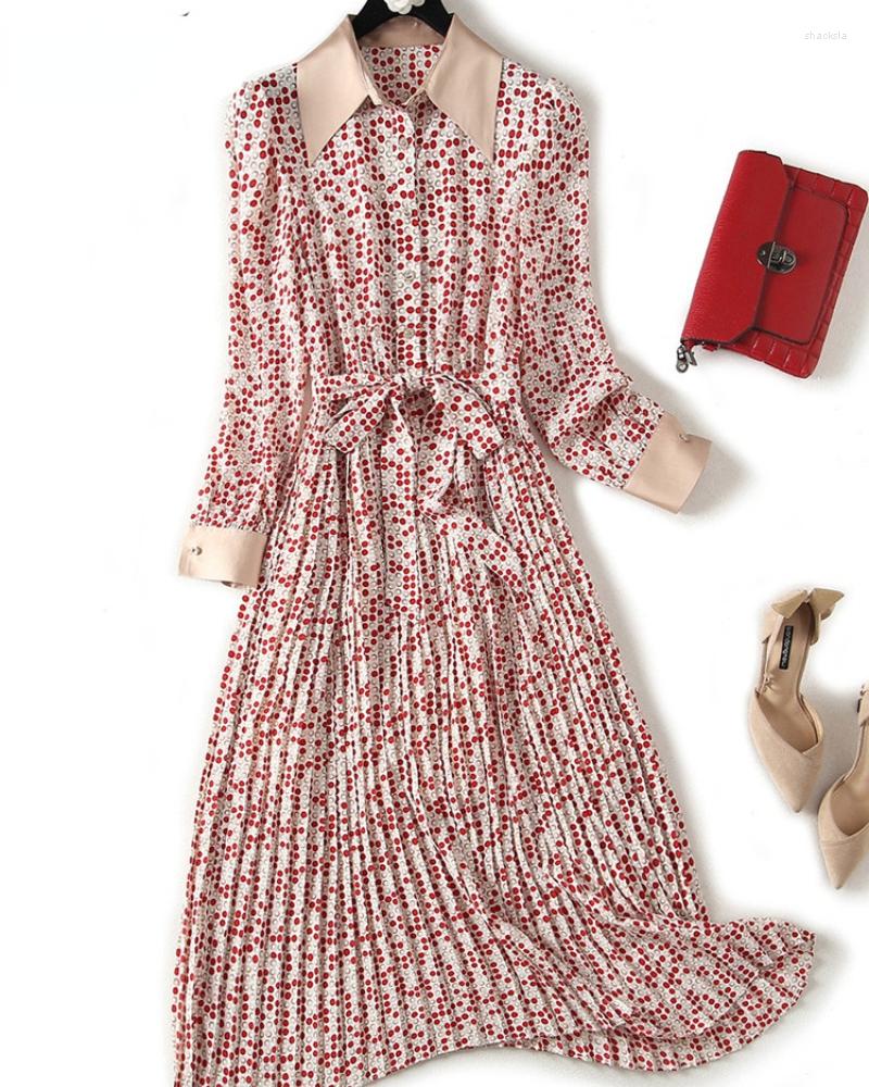 

Casual Dresses Elegant Women Spring Vintage Holiday Vestidos Fashion Lapel Collar Long Sleeve Print Dot Pleated Chiffon Dress, Red