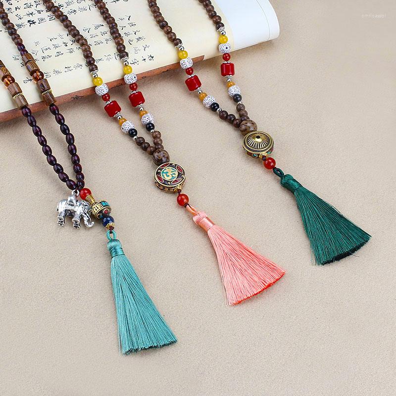 

Pendant Necklaces 108 Beads Mala Natural Stone Nepal Charm Long Tassel Necklace Women Meditation Bead Knotted Yoga Dropship