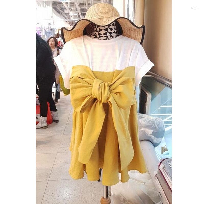 

Women' Blouses Korea 2023 Spring And Summer Women' Korean Style Stitching Bow Casual Short-sleeved T-shirt Top Trend, Yellow