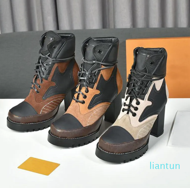 

Women Designer Iconic Star Trail Ankle Boots Treaded Rubber Patent Canvas And Leather High Heel Chunky Lace up Martin Ladys Winter Sneakers With Original Box