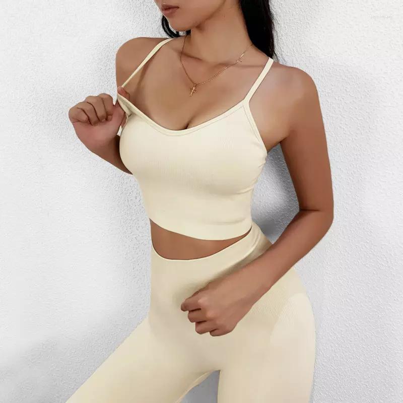 

Active Sets Seamless Yoga Fitness Sports Running Suit Women Gym Workout Training Tracksuit Halter Top Pants Set, Apricot
