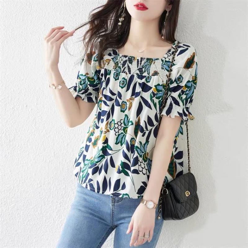 

Women's Blouses Women Vintage Floral Chiffon Short Sleeve Casual Oversize Blouse Female Business Shirt Tops Ladies Square Collar G19, Huase