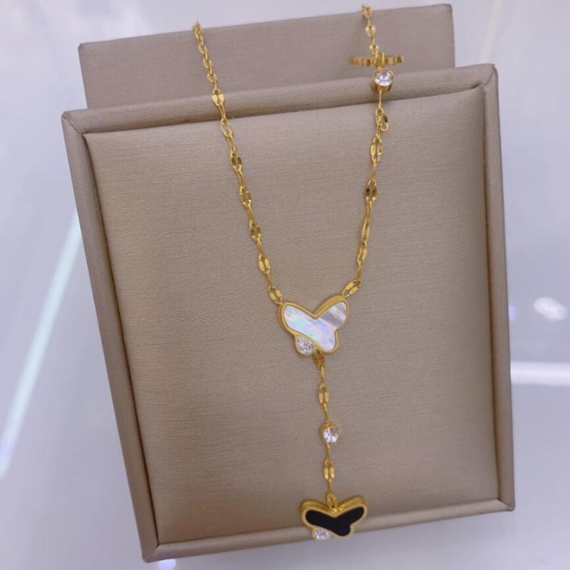 

Chains Stainless Steel Simple Sweet Black White Shell Zircon Butterfly Pendant Necklace For Women Fashion Fine Jewelry SAN1074Chains
