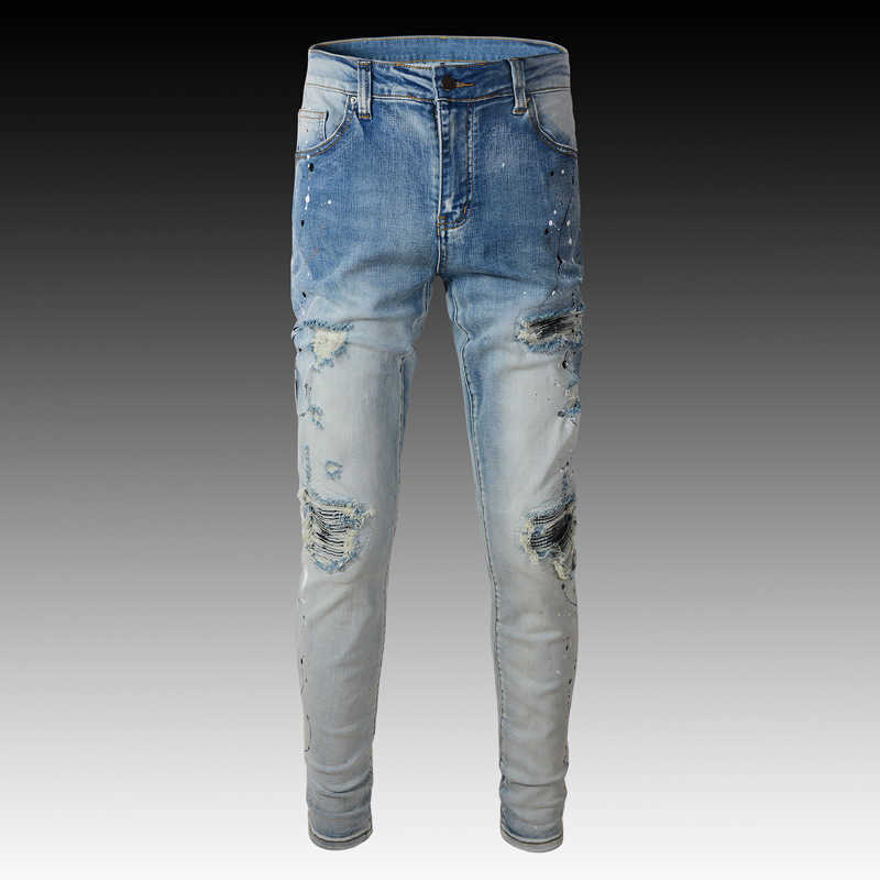 

Jeans Mens Am1r1 Trousers Pants Mirri Ripped Fashion Designer Brand New Men's White Embroidery Patch Elastic Slim Denim Hip Hop High WFVZ, Light blue
