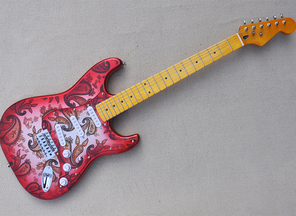 

Red Electric Guitar with Flower Pattern SSS Pickups Yellow Maple Fretboard Can be Customized as Request