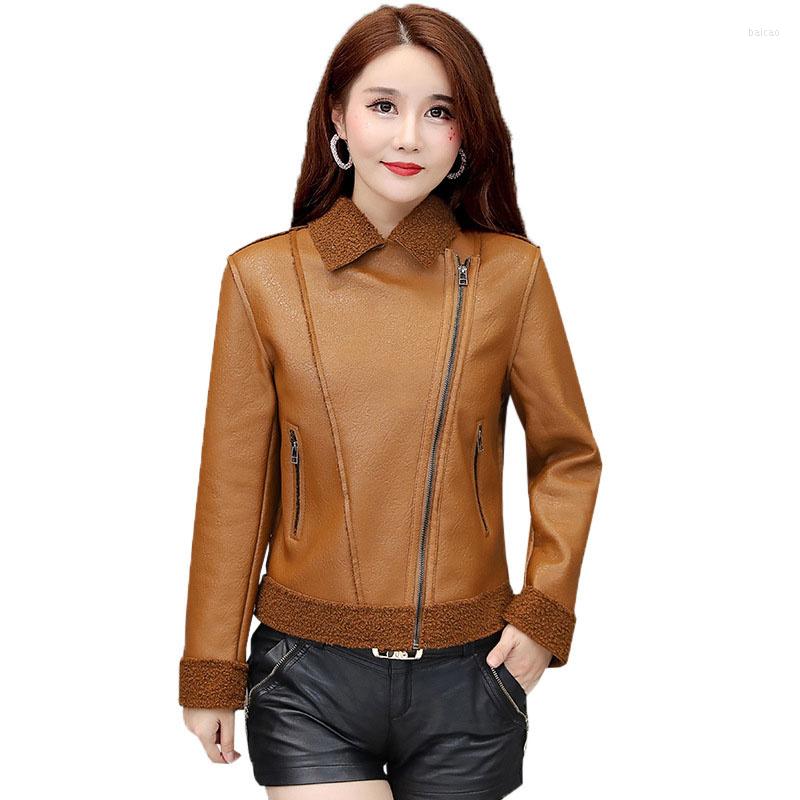 

Women's Leather Plush Padded Top 2023 Winter Women PU Jacket Imitation Lamb Wool Coat Plus Size Elegant Slim Lady Jackets OK1088, Black
