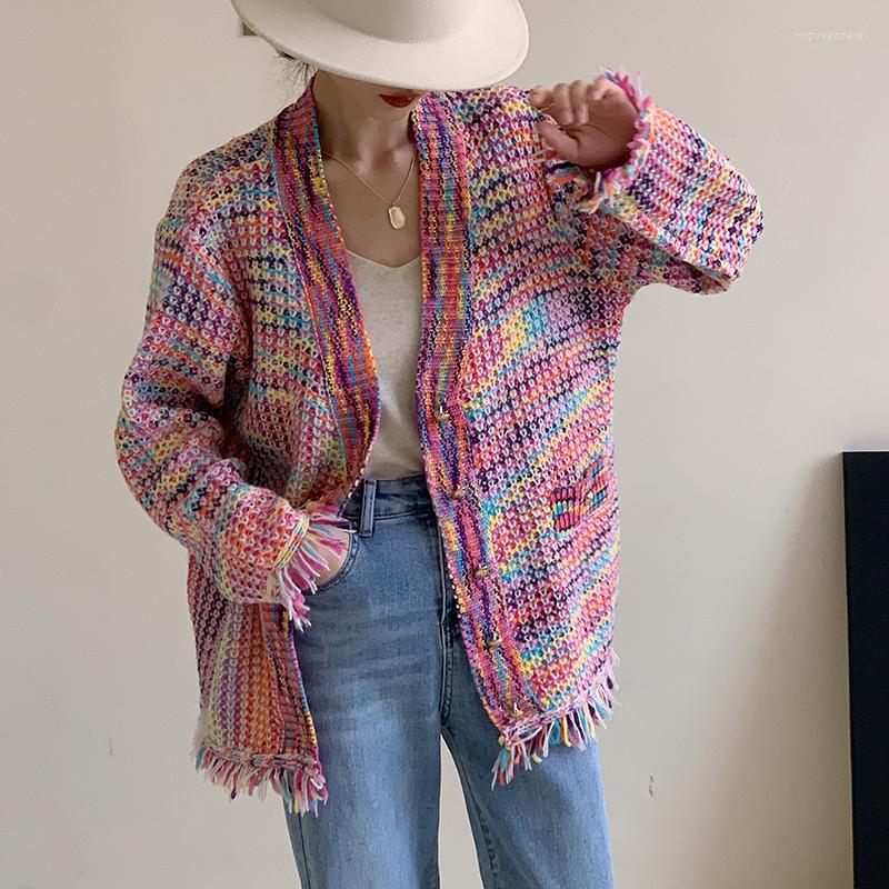 

Women's Knits Vintage Tassel Lazy Loose Rainbow Unbuttoned Knitting Cardigan Sweater (Female) Single Breasted V-neck Jacket, Multi