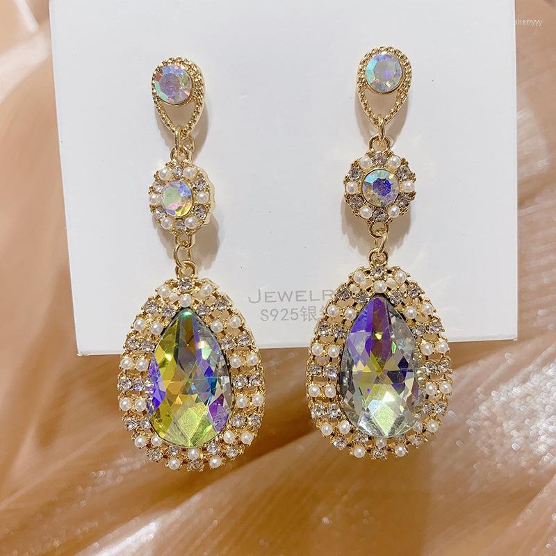 

Dangle Earrings Korea Dongdaemun Heavy Industry Cutting Colorful Laser Water Drop Crystal Pearl Rimmed For Eye Catching Pography