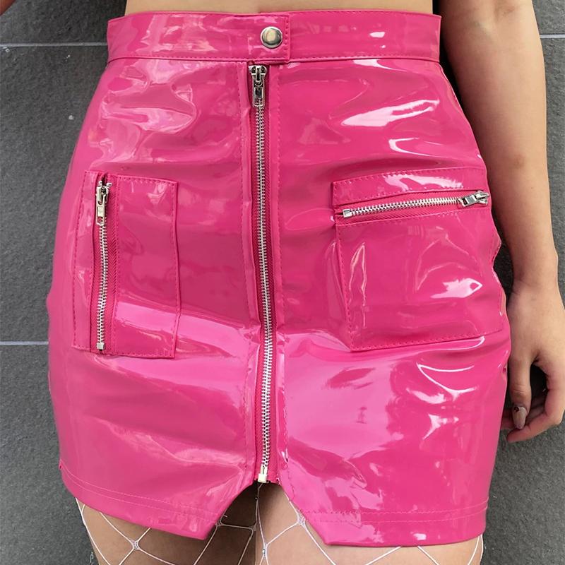 

Skirts Women Shiny Patent Leather Short Mini Skirt Zipper Split Faux Latex Sexy Pink Black Summer PVC Custom Nightclub